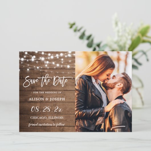 Rustic Barn Wood String Lights Weddenfoto Save The Date (Staand voorkant)
