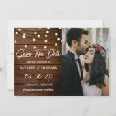 Rustic Barn Wood String Lights Weddenfoto Save The Date (Voorkant)