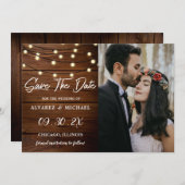 Rustic Barn Wood String Lights Weddenfoto Save The Date (Voorkant / Achterkant)