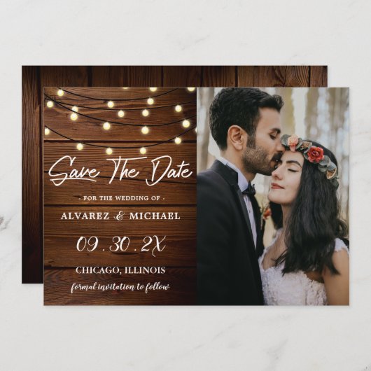 Rustic Barn Wood String Lights Weddenfoto Save The Date (Voorkant / Achterkant)