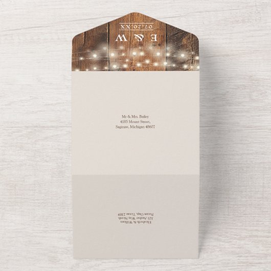 Rustic Barn Wood String Lights Wedding All In One Uitnodiging (Buitenkant)