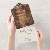 Rustic Barn Wood String Lights Wedding All In One Uitnodiging (Afscheurbaar)