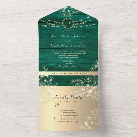 Rustic Barn Wood String Lights Wedding All In One Uitnodiging (Binnen)