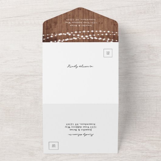 Rustic Barn Wood String Lights Wedding All In One Uitnodiging (Buitenkant)