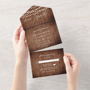 Rustic Barn Wood String Lights Wedding All In One Uitnodiging