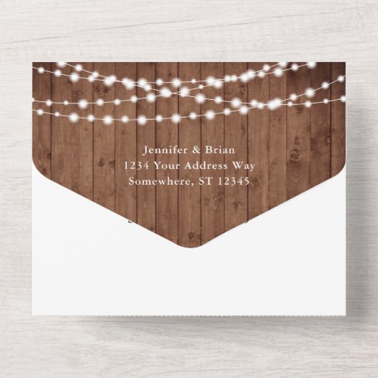 Rustic Barn Wood String Lights Wedding All In One Uitnodiging (Achterkant)