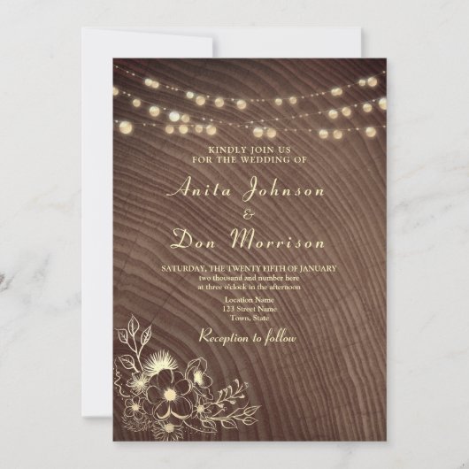 Rustic Barn Wood String Lights Wedding Kaart (Voorkant)