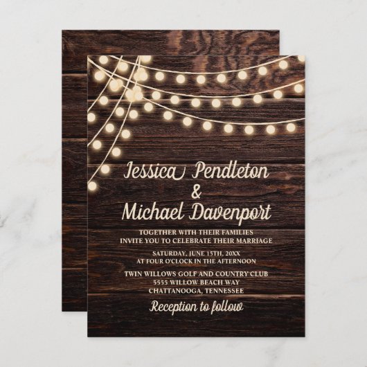 Rustic Barn Wood String Lights Wedding Kaart (Voorkant / Achterkant)