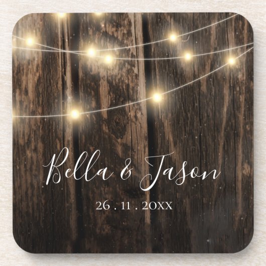 Rustic Barn Wood String Lights Wedding Party Bier Onderzetter (Voorkant)