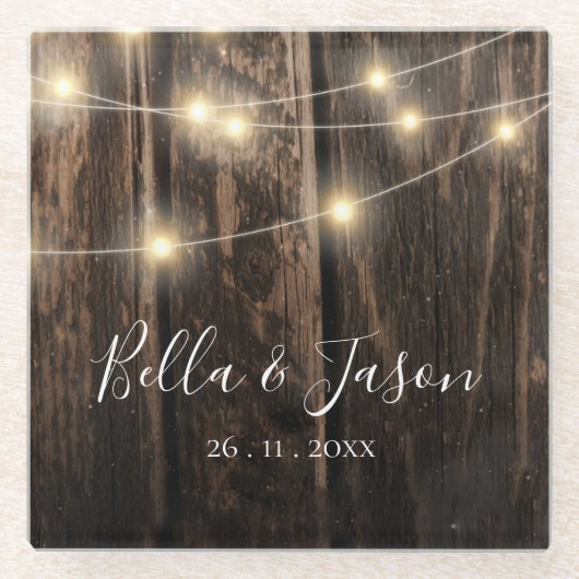 Rustic Barn Wood String Lights Wedding Party Glazen Onderzetter (Voorkant)