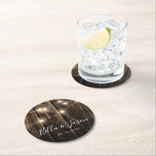 Rustic Barn Wood String Lights Wedding Party Ronde Kartonnen Onderzetter