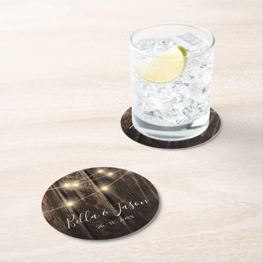 Rustic Barn Wood String Lights Wedding Party Ronde Kartonnen Onderzetter (Insitu)