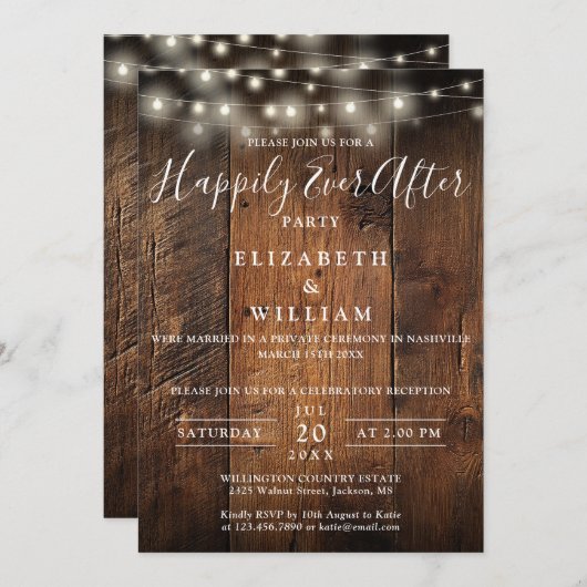 Rustic Barn Wood String Lights Wedding Reception Kaart (Voorkant / Achterkant)