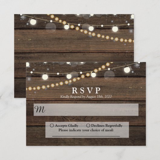 Rustic Barn Wood String Lights Wedding RSVP Kaartje (Voorkant / Achterkant)