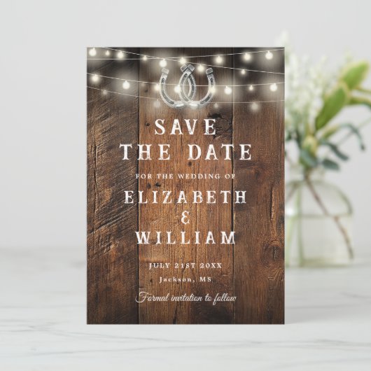 Rustic Barn Wood String Lights Western Wedding  Save The Date (Staand voorkant)