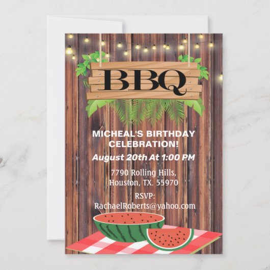 Rustic, Barn Wood, Stringlights, BBQ Birthday Inv Kaart (Voorkant)