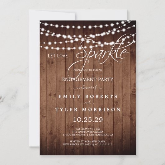 Rustic Barn Wood Strings Light Engagement Party Kaart (Voorkant)