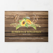 Rustic Barn Wood Sunflower Antlers Weddenschap Drieluik Uitnodiging (Cover)