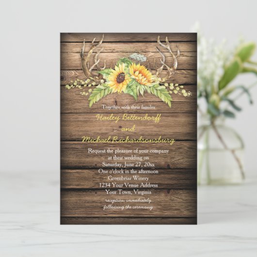 Rustic Barn Wood Sunflower Antlers Weddenschap Kaart (Staand voorkant)