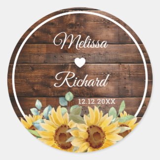 Rustic Barn Wood Sunflower Country Wedding Favor Ronde Sticker