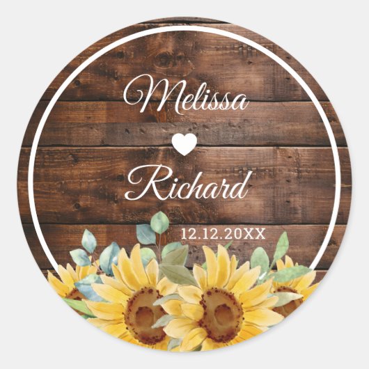 Rustic Barn Wood Sunflower Country Wedding Favor Ronde Sticker (Voorkant)