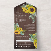 Rustic Barn Wood Sunflower en Eucalyptus Wedding All In One Uitnodiging (Binnen)