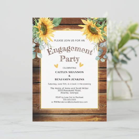 Rustic Barn Wood Sunflower Engagement Party Kaart (Staand voorkant)