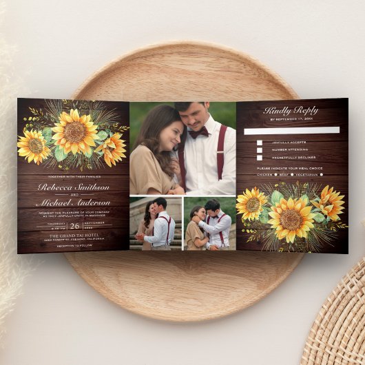 Rustic Barn Wood Sunflower Foto Collage Wedding Drieluik Uitnodiging