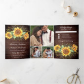 Rustic Barn Wood Sunflower Foto Collage Wedding Drieluik Uitnodiging (Binnen)