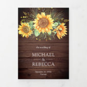 Rustic Barn Wood Sunflower Foto Collage Wedding Drieluik Uitnodiging (Cover)