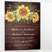 Rustic Barn Wood Sunflower Foto Collage Wedding Drieluik Uitnodiging (Binnenzijde eerst)