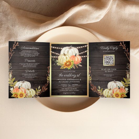 Rustic Barn Wood Sunflower Pumpkin QR Code Weddens Drieluik Uitnodiging