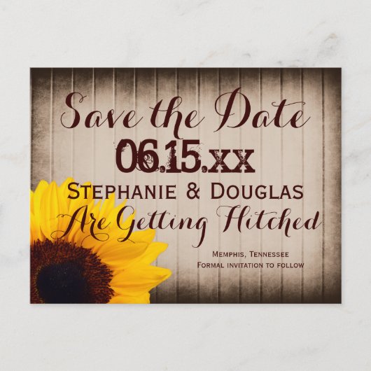 Rustic Barn Wood Sunflower Red de Date Briefkaarte Aankondigingskaart (Voorkant)