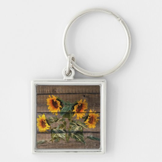 Rustic Barn Wood Sunflower Sleutelhanger (Voorkant)