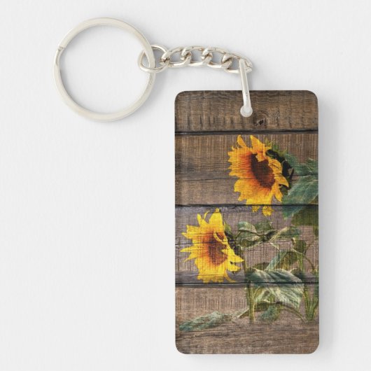 Rustic Barn Wood Sunflower Sleutelhanger (Voorkant)