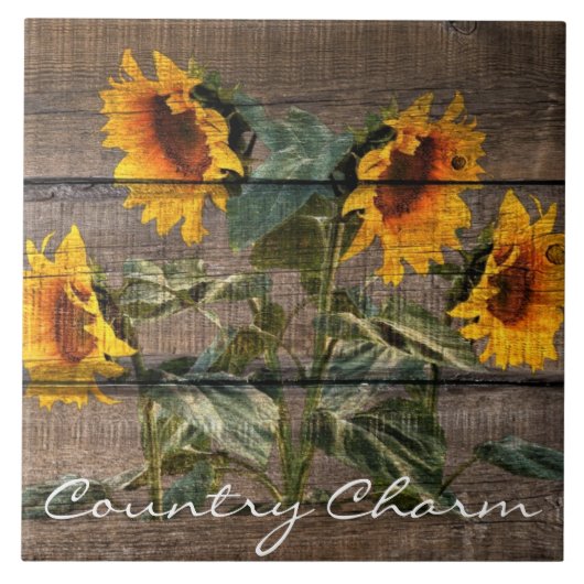 Rustic Barn Wood Sunflower Tegeltje (Voorkant)