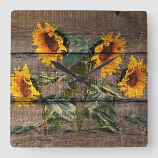 Rustic Barn Wood Sunflower Vierkante Klok (Voorkant)
