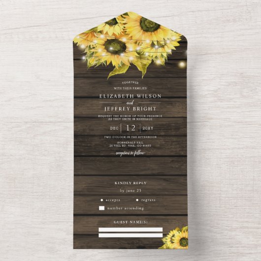 Rustic Barn Wood Sunflower Wedding All In One Uitnodiging (Binnen)