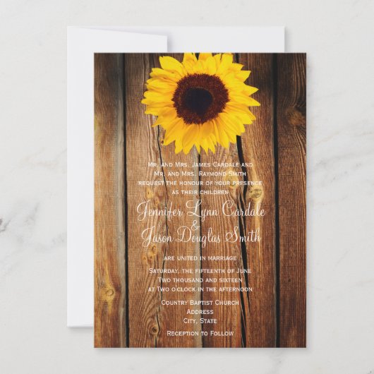 Rustic Barn Wood Sunflower Wedding Invitting Kaart (Voorkant)