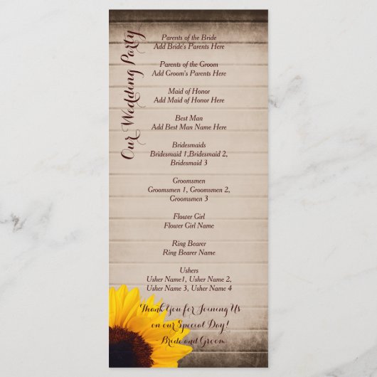 Rustic Barn Wood Sunflower Wedding Programma Programmakaart (Achterkant)