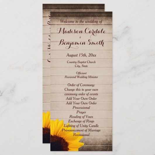 Rustic Barn Wood Sunflower Wedding Programma Programmakaart (Voorkant / Achterkant)