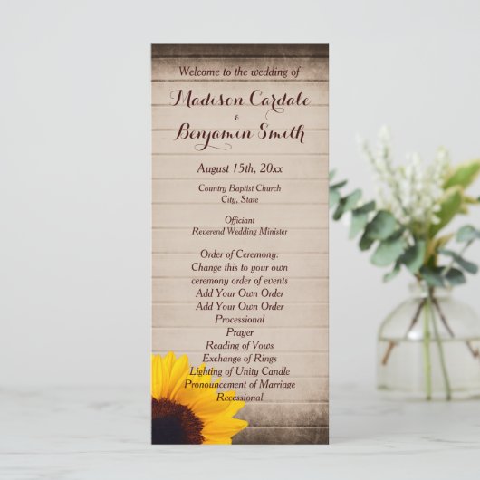 Rustic Barn Wood Sunflower Wedding Programma Programmakaart (Staand voorkant)