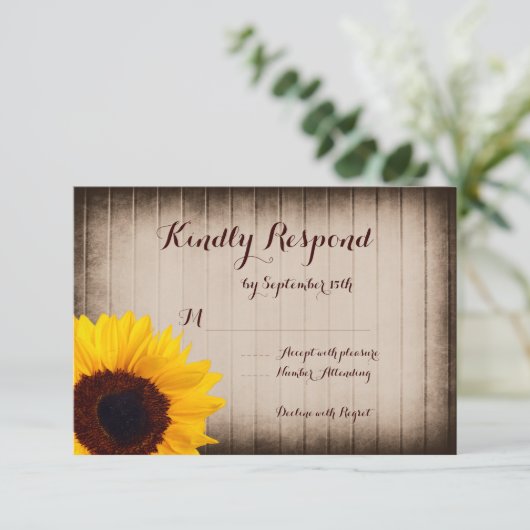 Rustic Barn Wood Sunflower Wedding RSVP-kaarten RSVP Kaartje (Staand voorkant)