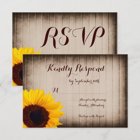 Rustic Barn Wood Sunflower Wedding RSVP-kaarten RSVP Kaartje (Voorkant / Achterkant)