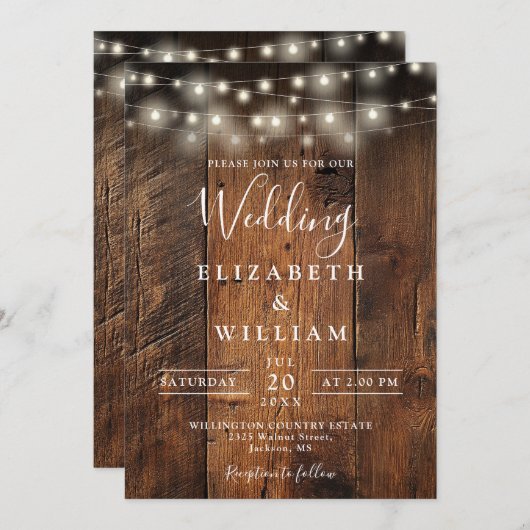 Rustic Barn Wood Wedding String Lights QR-code Kaart (Voorkant / Achterkant)