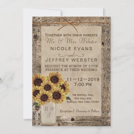 Rustic Barn Wood Wedding Sunflower Mason Jar Kaart (Voorkant)