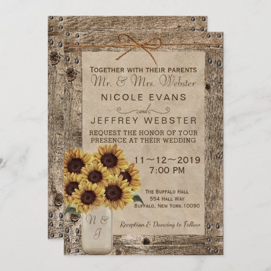 Rustic Barn Wood Wedding Sunflower Mason Jar Kaart (Voorkant / Achterkant)