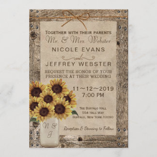Rustic Barn Wood Wedding Sunflower Mason Jar Kaart