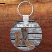 Rustic Barn Wood Western Cowboy bruiloft gunst Sleutelhanger (Voorkant)