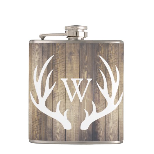 Rustic Barn Wood & White Deer Antlers Heupfles (Voorkant)